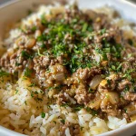 Close-up photo of garlic butter beef and rice, showcasing juicy meat and grains.