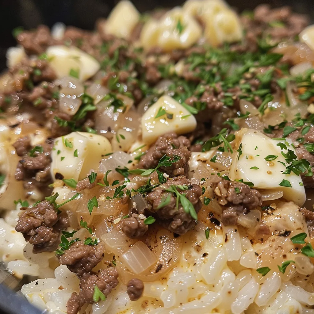 Side view of a delicious serving of garlic butter beef and rice with melted cheese.