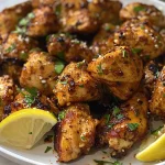 Close-up view of succulent garlic butter chicken bites on a plate.