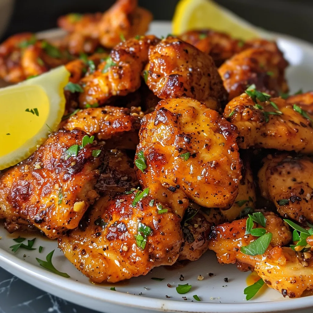 Close-up of tender garlic butter chicken pieces glistening with sauce, served with lemon.
