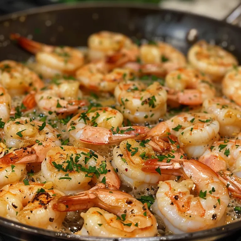 A close-up view of a skillet filled with garlic butter shrimp, garnished with parsley.