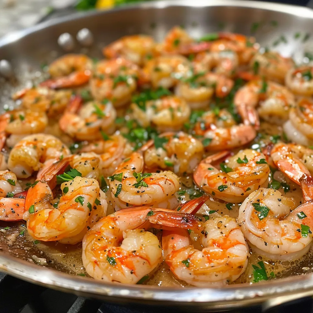 Side view of a delicious garlic butter shrimp dish in a stainless steel skillet.