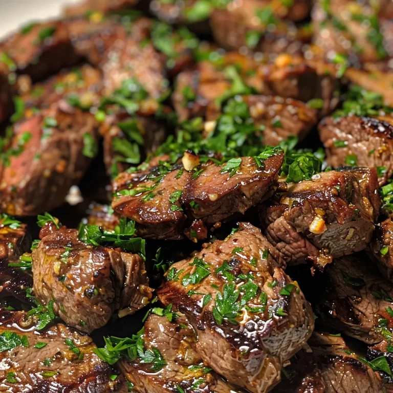 Close-up of juicy garlic butter steak bites garnished with fresh parsley.