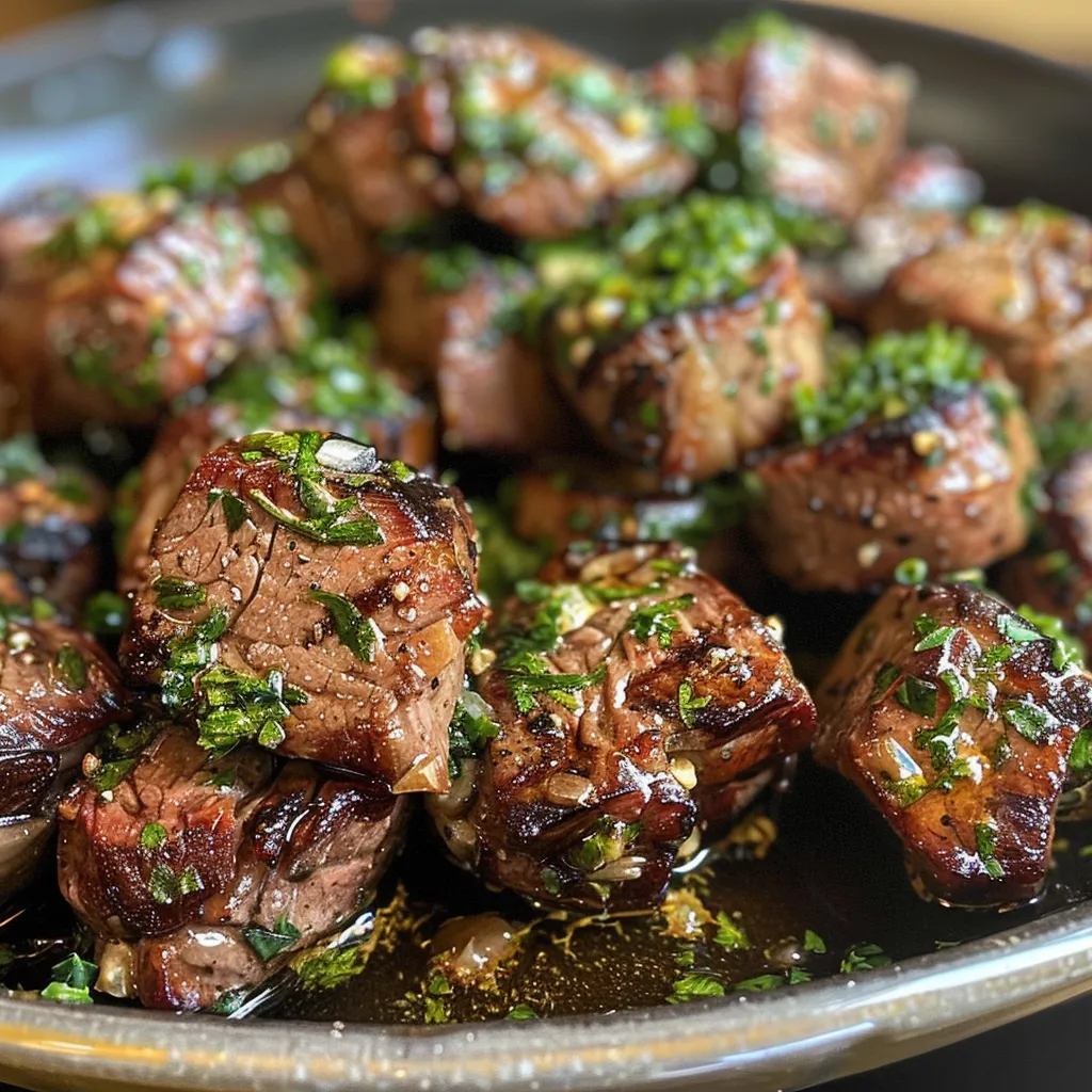 Side view of perfectly cooked steak bites in garlic butter sauce with herb garnish.