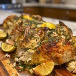 Close-up side view of a juicy roasted chicken with garlic herb butter.