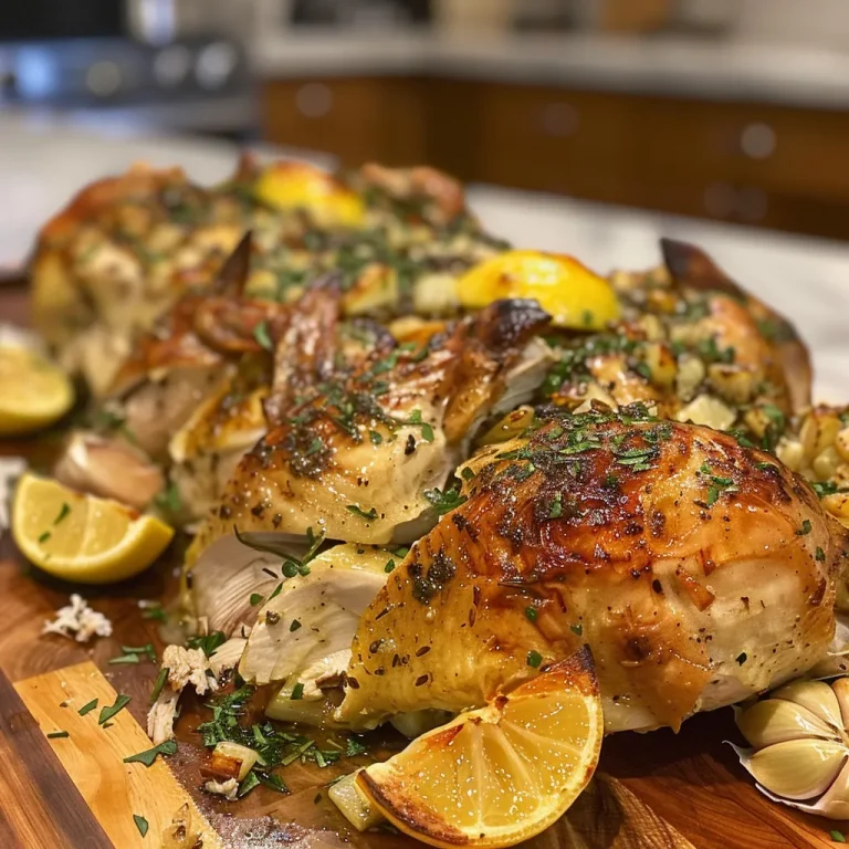 A Family Feast: Discover the Joy of Garlic Herb Butter Roasted Chicken Close-up side view of a juicy roasted chicken with garlic herb butter.