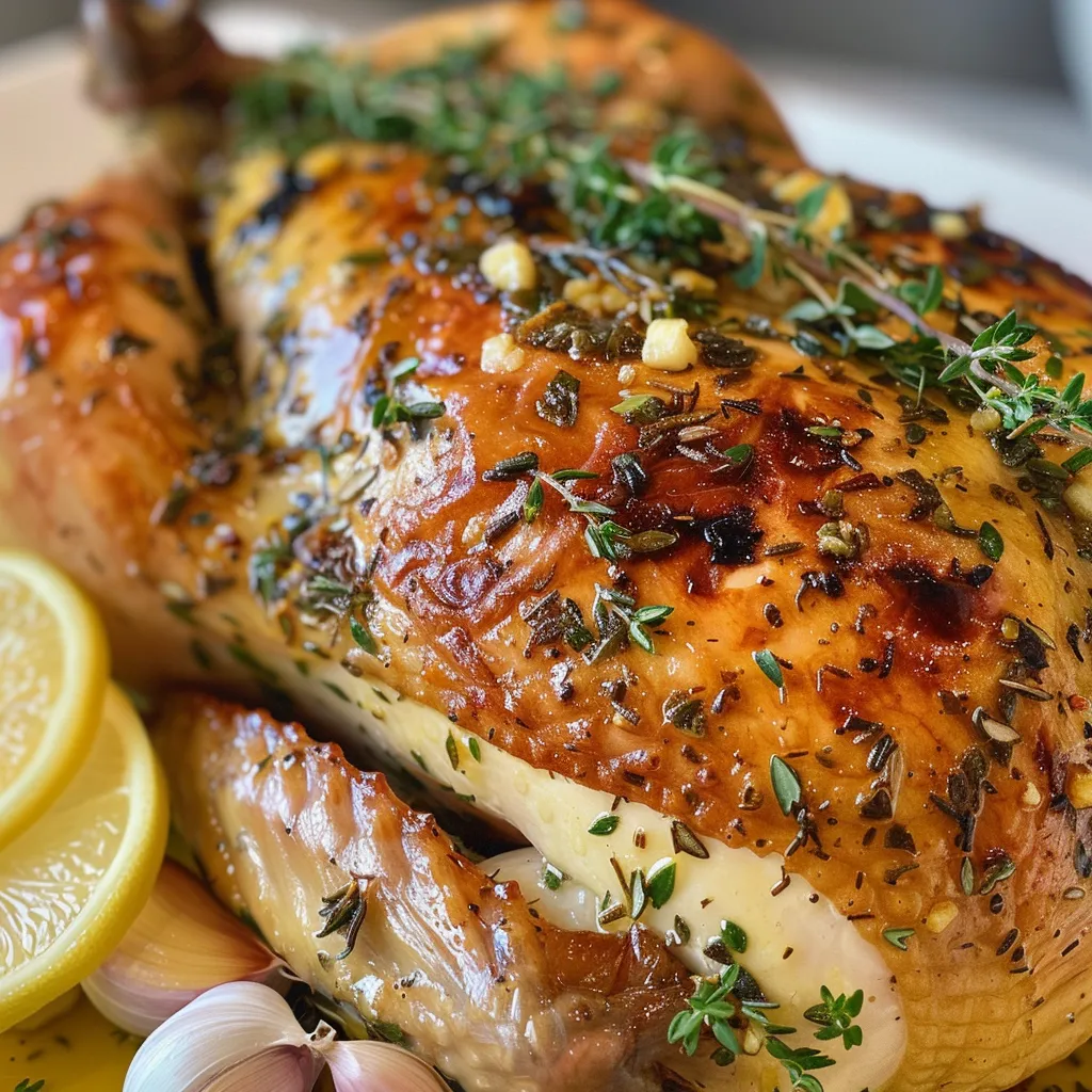 Succulent whole chicken glazed with garlic herb butter, showcasing crispy skin.