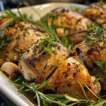 Close-up view of juicy garlic herb roasted chicken thighs with golden brown skin.