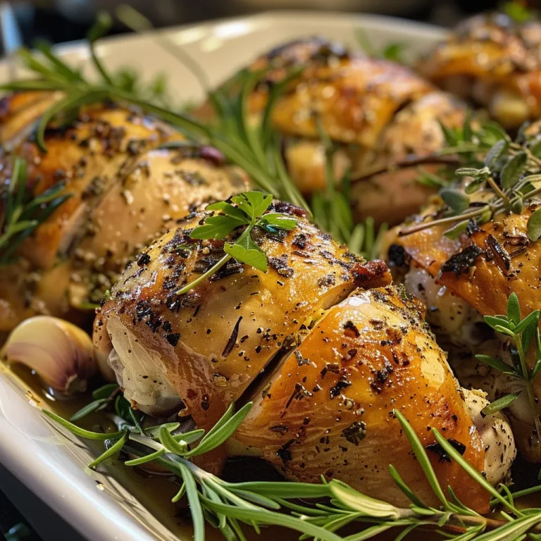 Close-up view of juicy garlic herb roasted chicken thighs with golden brown skin.