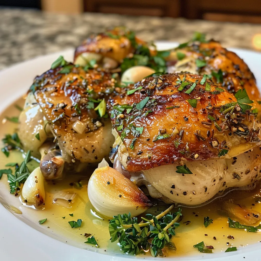 Side perspective of tender chicken thighs garnished with garlic and herbs, showcasing a mouthwatering appearance.