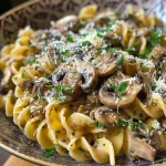 A close-up view of garlic mushroom pasta with creamy sauce and herbs.