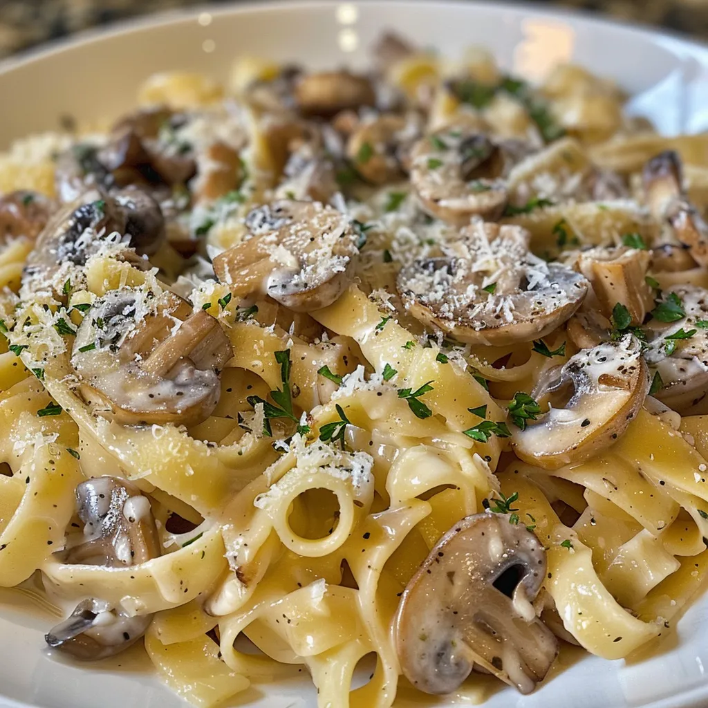 Side view of a bowl of garlic mushroom pasta, showcasing mushrooms and garlic.