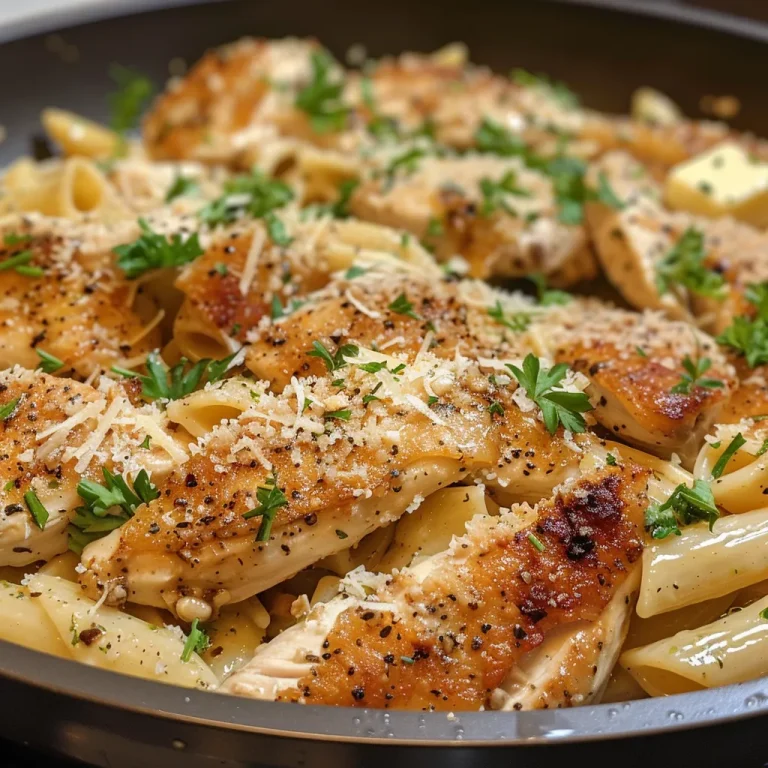 Savoring Every Bite: The Garlic Parmesan Chicken Pasta That Whispers Comfort Close-up view of Garlic Parmesan Chicken Pasta with creamy sauce and herbs.