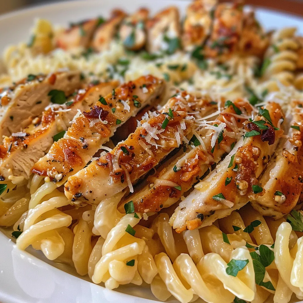 Side shot of a bowl filled with Garlic Parmesan Chicken Pasta topped with parsley.