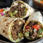 Close-up of juicy Greek beef wraps with vibrant toppings.