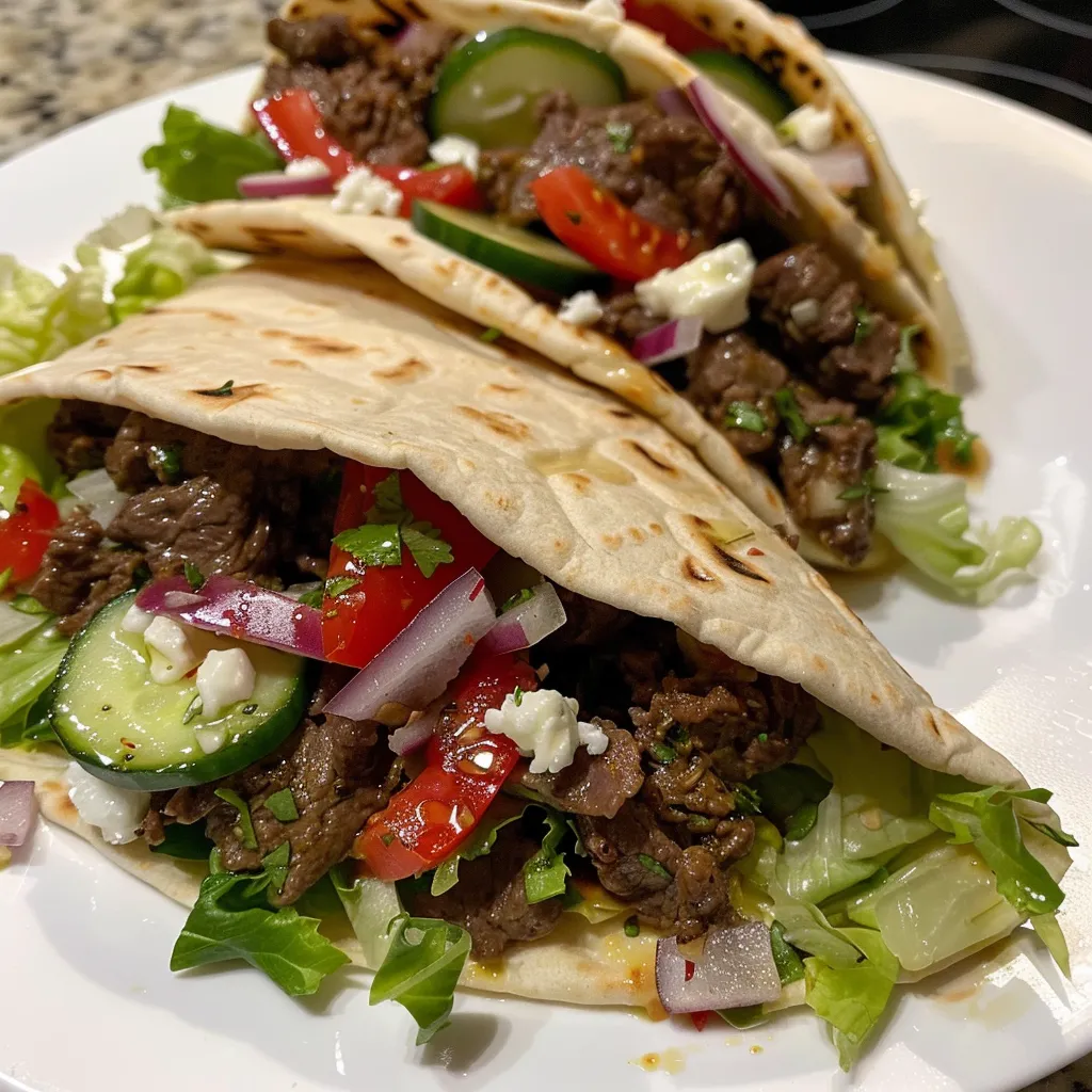 Side view of Greek beef wraps filled with fresh vegetables and feta sauce.