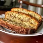 Close-up of a slice of moist Greek Yogurt Banana Bread with banana chunks and walnuts.