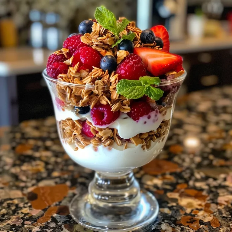 Close-up side view of a Greek yogurt berry parfait in a glass cup, layered with fresh berries and granola.