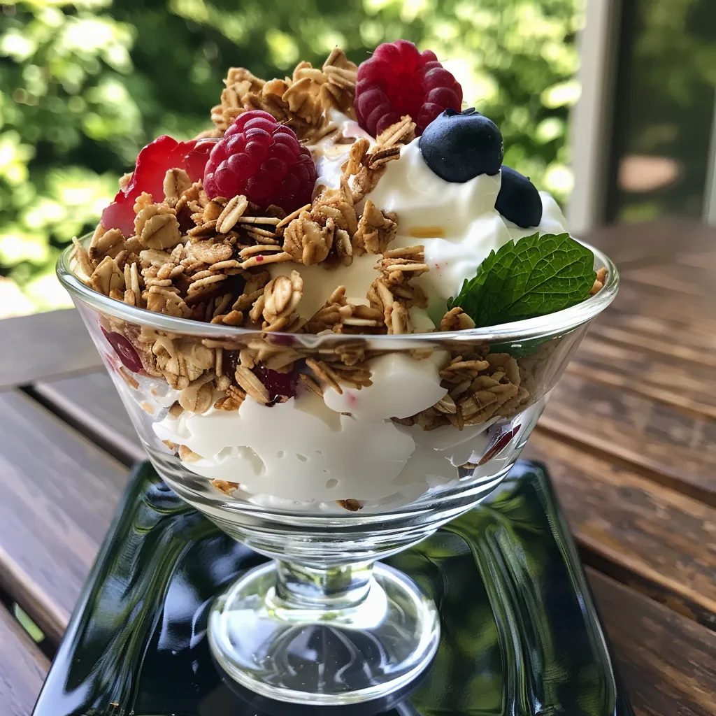 A delicious Greek yogurt parfait featuring mixed berries and granola, topped with fresh mint leaves.