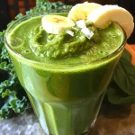 Close-up of a green apple smoothie in a glass, with a straw.