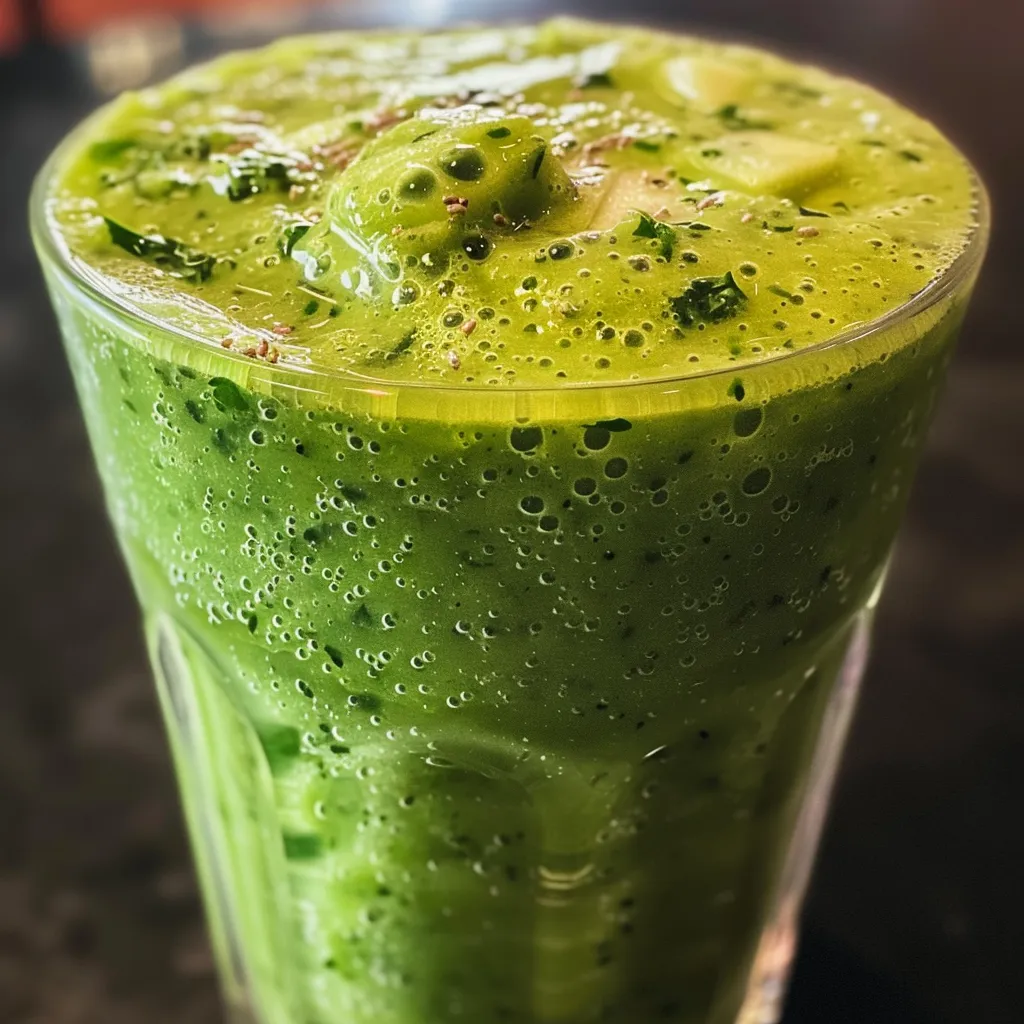 Side view of a refreshing green apple smoothie surrounded by ingredients.