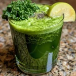 Close-up view of a vibrant green detox smoothie with ginger in a glass, showcasing fresh ingredients.