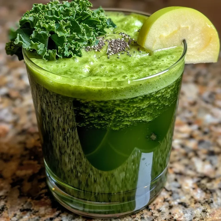 Close-up view of a vibrant green detox smoothie with ginger in a glass, showcasing fresh ingredients.