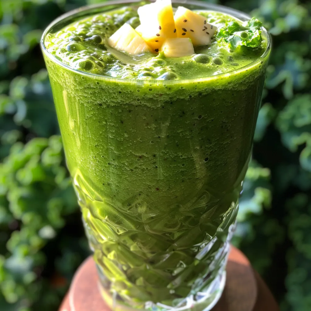 Side profile of a delicious green smoothie featuring spinach, kale, and ginger, with ice cubes visible.