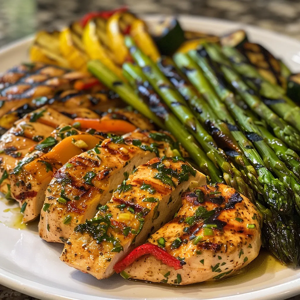 Juicy grilled chicken cutlets surrounded by vibrant asparagus, zucchini, yellow squash, and red bell pepper.