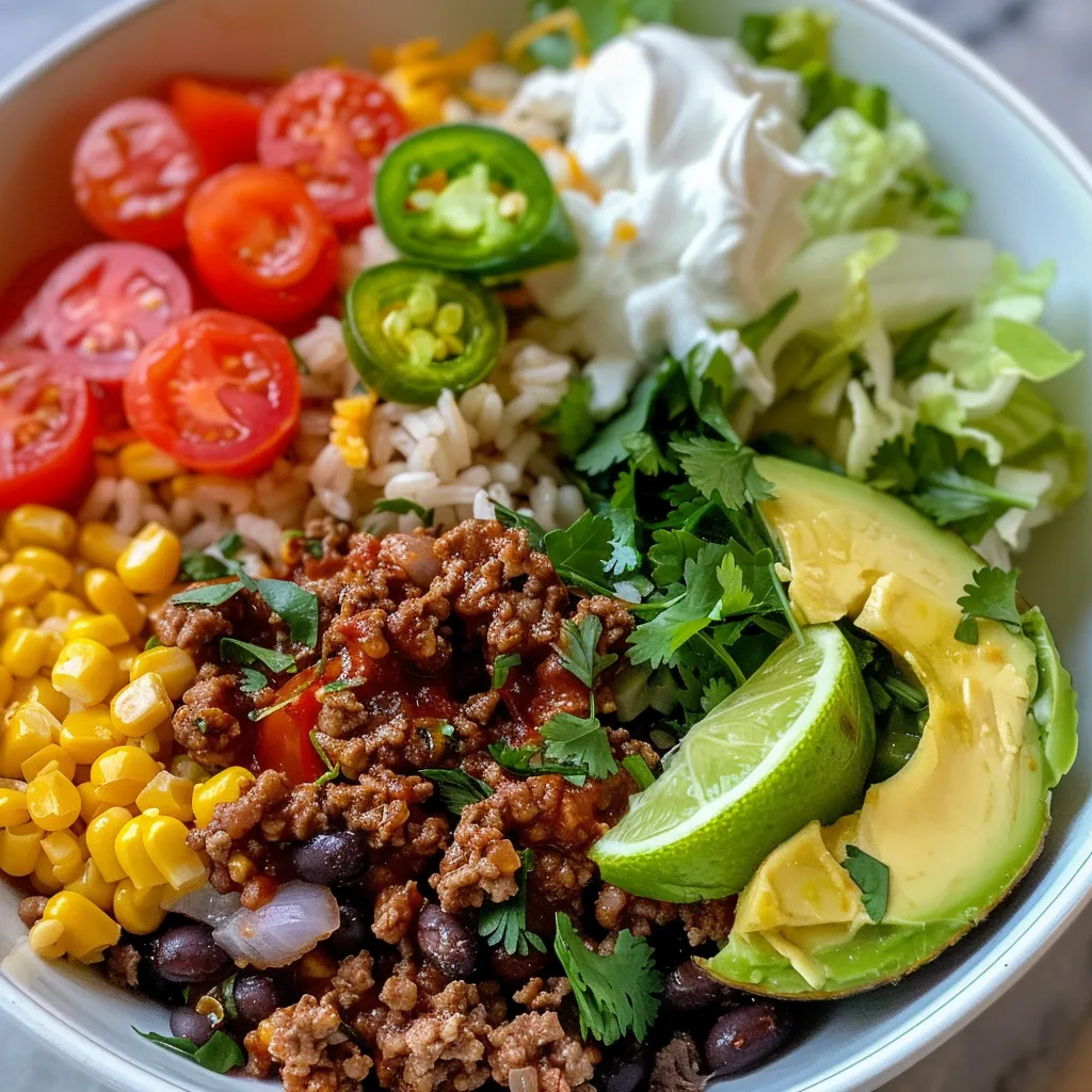 Side view of a vibrant ground beef burrito bowl featuring rice, beans, and toppings.