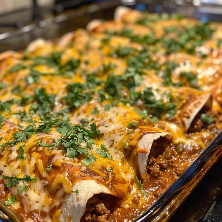 Enchiladas: A Flavorful Journey Through Tradition and Togetherness Juicy ground beef enchiladas topped with melted cheese and garnished with cilantro.