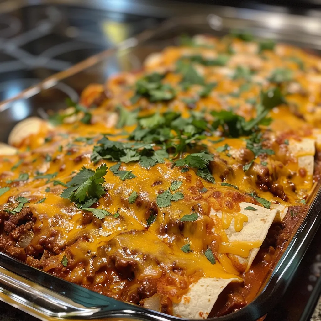 A side view of enchiladas filled with ground beef, drizzled with enchilada sauce and cheese.