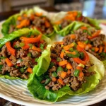 Juicy ground beef lettuce wraps filled with colorful vegetables.
