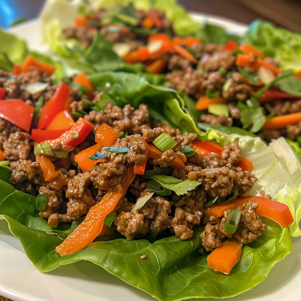 Close-up of ground beef wrapped in fresh lettuce leaves, showcasing vibrant ingredients.