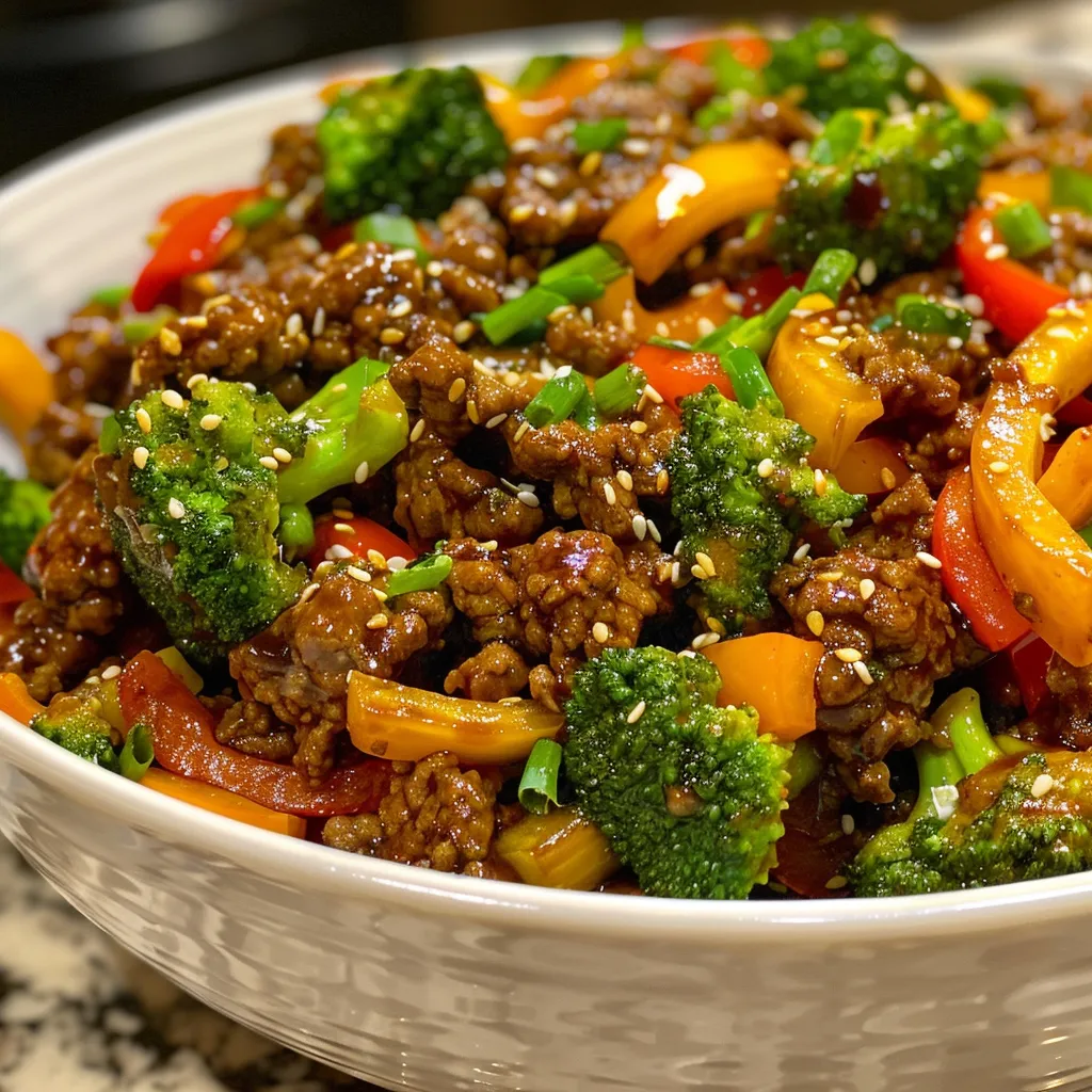 Juicy ground beef teriyaki stir fry featuring sliced bell peppers and broccoli, captured in vibrant detail.