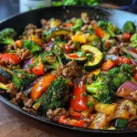 A vibrant skillet filled with ground beef and colorful vegetables, showcasing zucchini, broccoli, red bell pepper, and red onion.