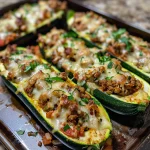 Juicy ground turkey stuffed zucchini boats garnished with fresh parsley.