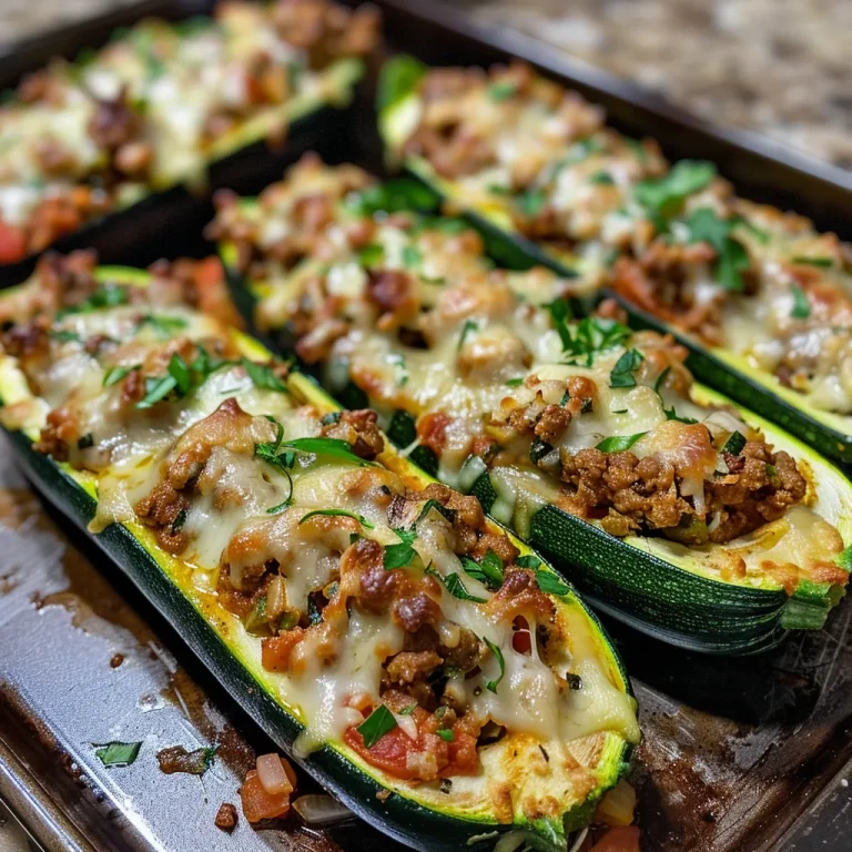 Juicy ground turkey stuffed zucchini boats garnished with fresh parsley.