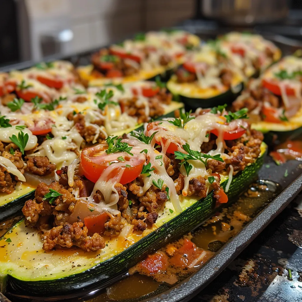 Close-up view of zucchini boats filled with ground turkey, cheese, and tomatoes.