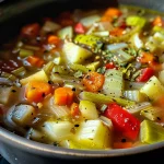 Close-up view of a vibrant bowl of Healing Vegetable Soup, featuring colorful diced vegetables.