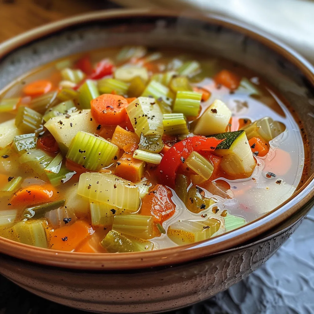 Side view of a hearty Healing Vegetable Soup with visible chunks of carrots, zucchini, and red pepper.