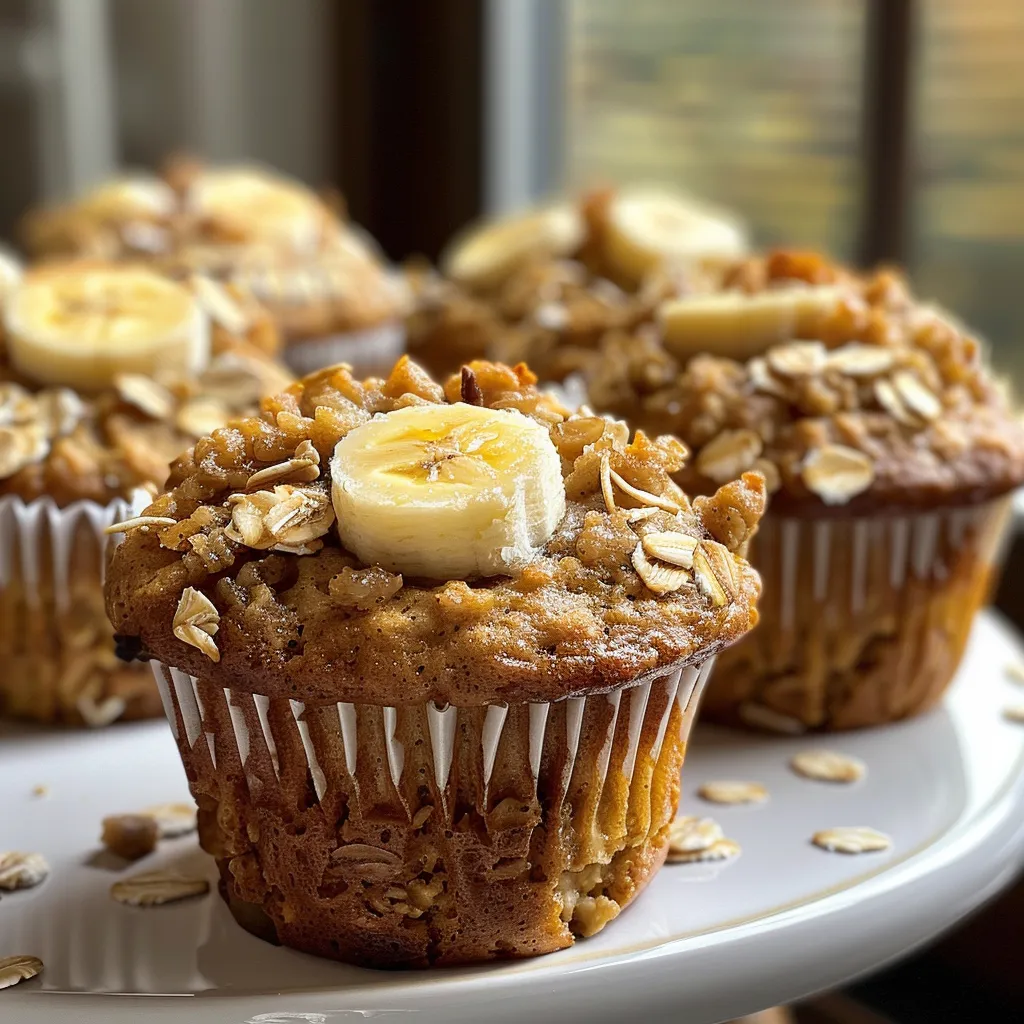 Side view of freshly baked banana oatmeal muffins, showcasing their soft texture.