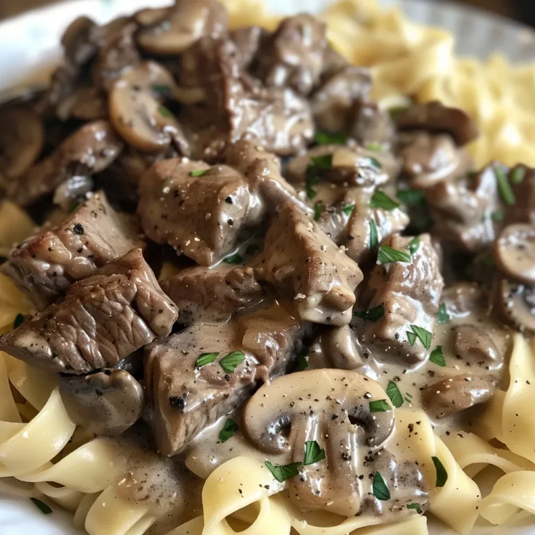 Close-up of a steaming bowl of Healthy Beef Stroganoff with sliced steak and mushrooms.