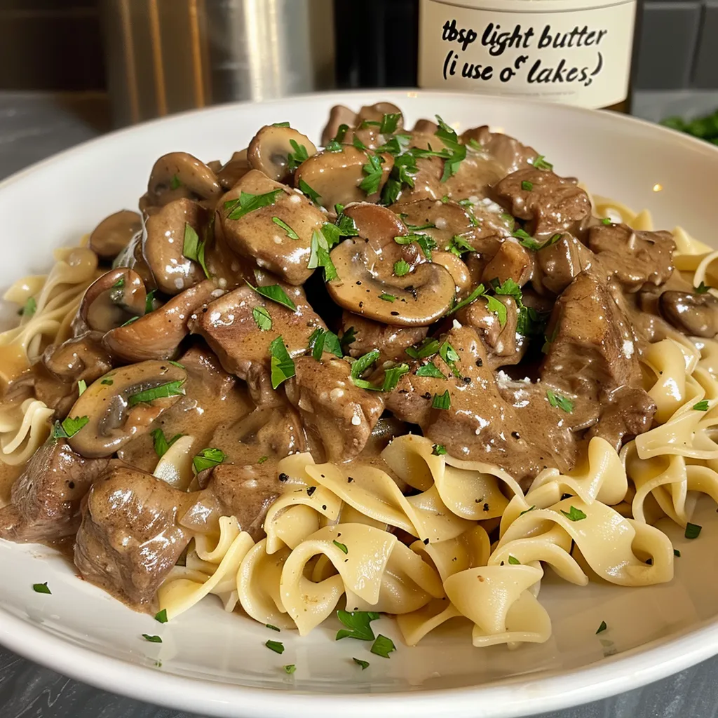 Side view of a plate filled with Healthy Beef Stroganoff topped with fresh parsley.