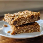 Close-up of a healthy oatmeal peanut butter chocolate chip breakfast bar with chocolate chips visible.