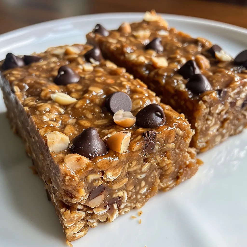 Side view of a nutritious breakfast bar featuring rolled oats and peanut butter, sprinkled with dark chocolate chips.