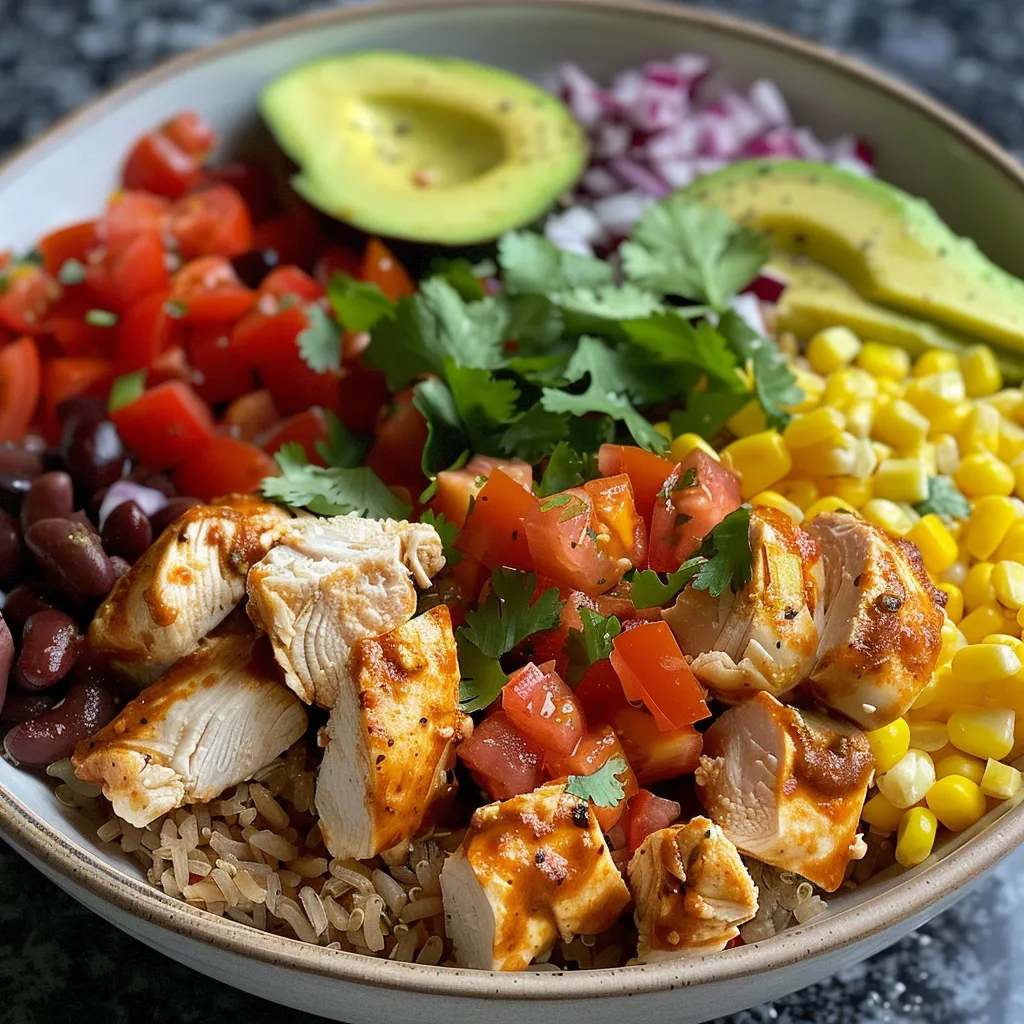 A vibrant chicken burrito bowl showcasing cubed chicken, rice, and fresh toppings.