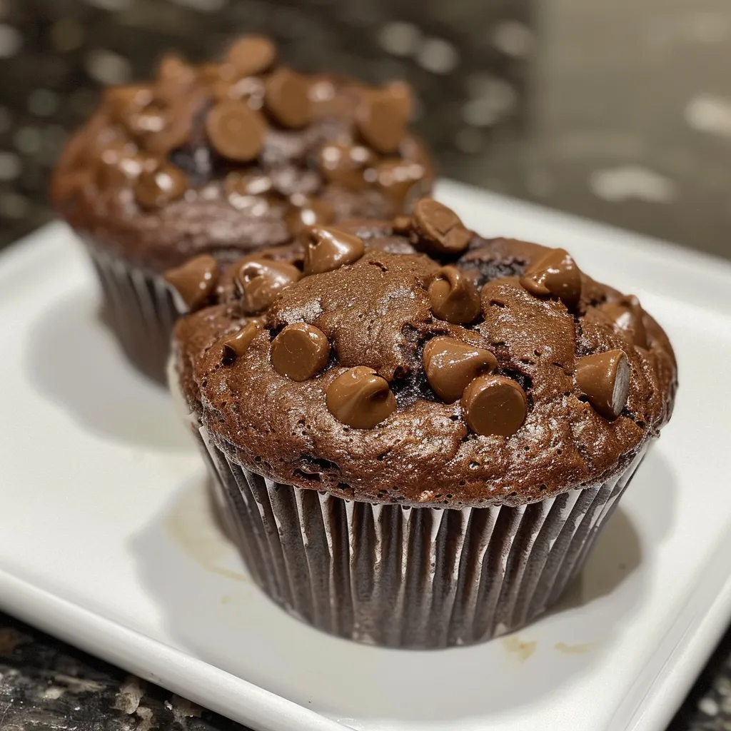 Juicy homemade chocolate muffins displayed on a plate, highlighting their rich texture.