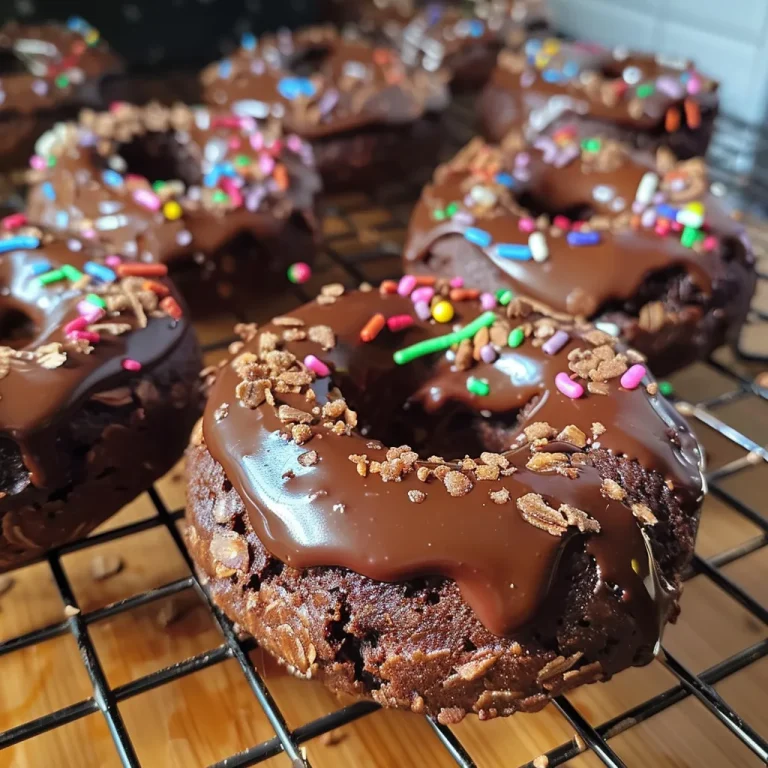 Close-up view of healthy chocolate protein donuts with a glossy chocolate drizzle and colorful sprinkles.