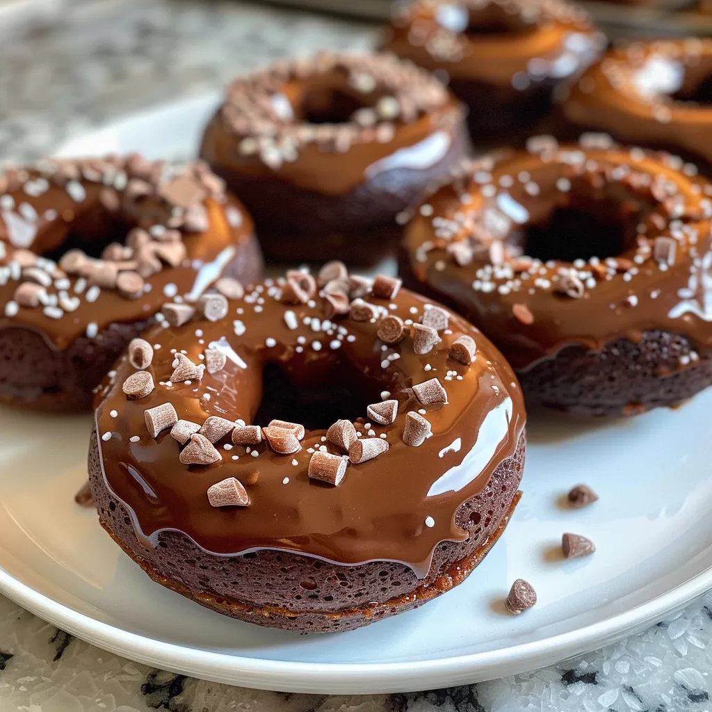 Side view of chocolate protein donuts topped with melted dark chocolate and crushed nuts on a white plate.